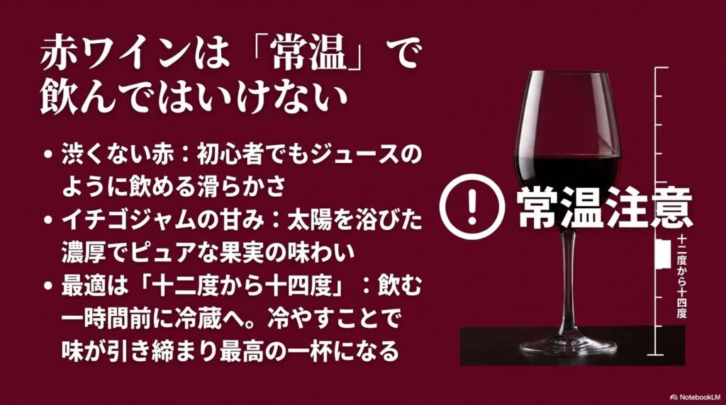 赤ワインを美味しくする温度（12度〜14度）と、醤油・みりんに合う筑前煮や赤身肉のイラスト