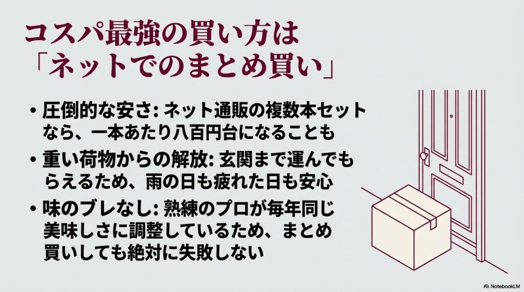 ネット通販での箱買い推奨。まとめて買えば1本800円台になり、自宅まで直送されるメリット