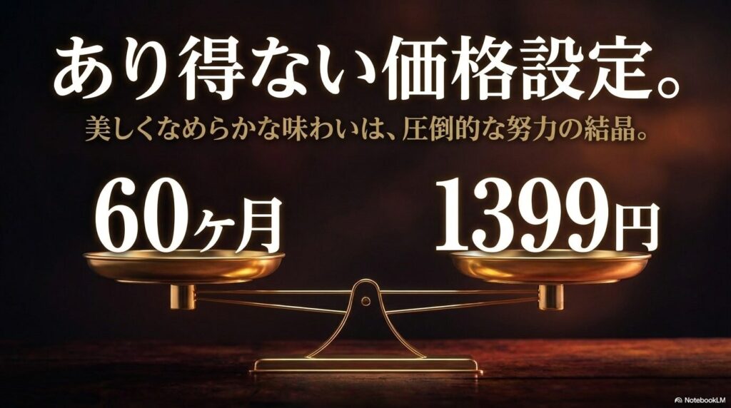 あり得ない価格設定。美しくなめらかな味わいは、圧倒的な努力の結晶。60ヶ月 1399円