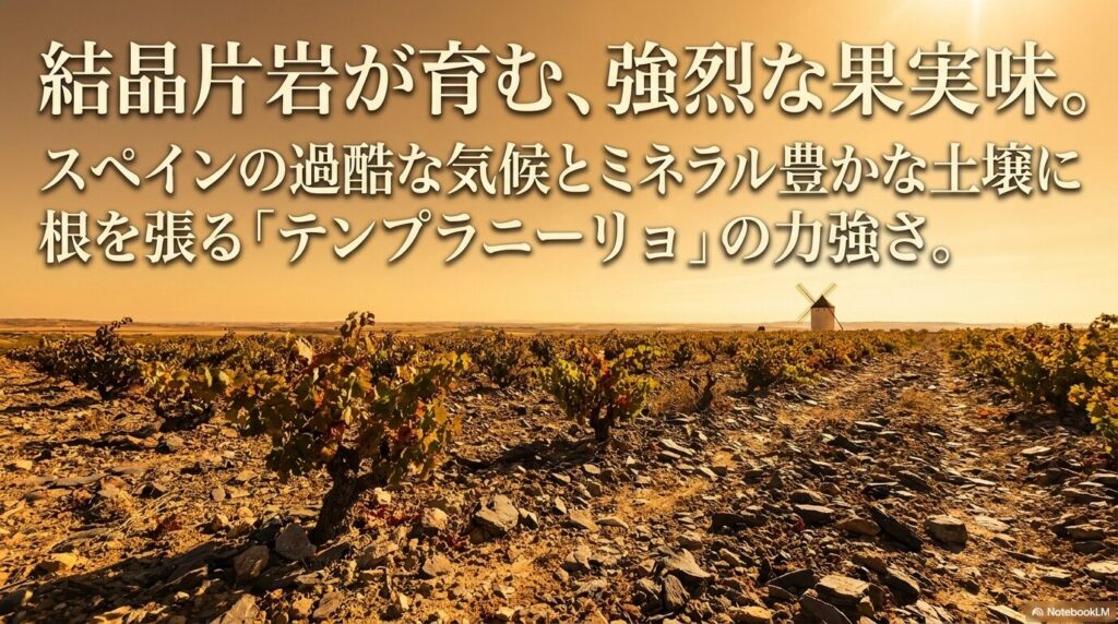 結晶片岩が育む、強烈な果実味。スペインの過酷な気候とミネラル豊かな土壌に根を張る「テンプラニーリョ」の力強さ