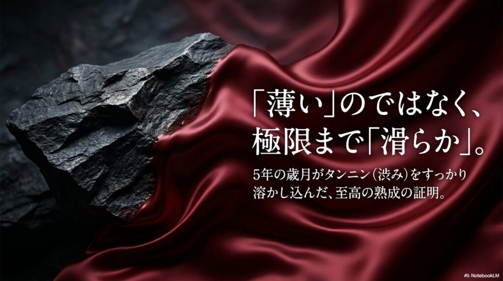 「薄い」のではなく、極限まで「滑らか」。5年の歳月がタンニン(渋み)をすっかり溶かし込んだ、至高の熟成の証明