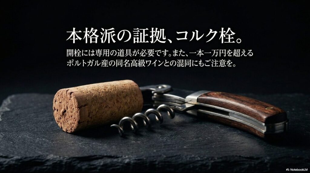 本格派の証拠、コルク栓。開栓には専用の道具が必要です。また、一本一万円を超えるポルトガル産の同名高級ワインとの混同にもご注意を