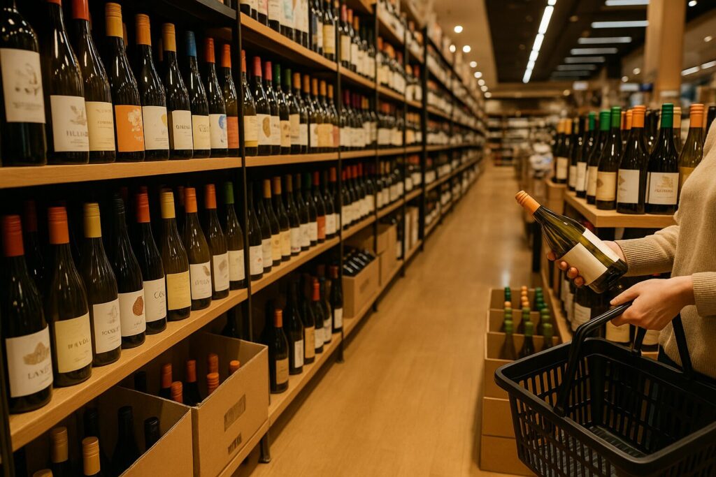 大型酒販店の長い通路にナチュラルワインの棚が続き、箱入りと単品ボトルが混在して品揃えと価格帯の幅が伝わる16対9の写真